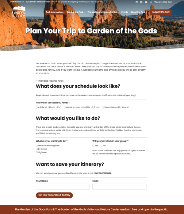 Garden of the Gods' Plan Your Trip Website Feature